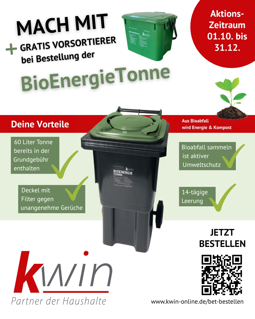 KWiN Herbstaktion: bis 31.12.2025 BioEnergieTonne bestellen,  und Gratis-Küchen-Vorsortierer erhalten