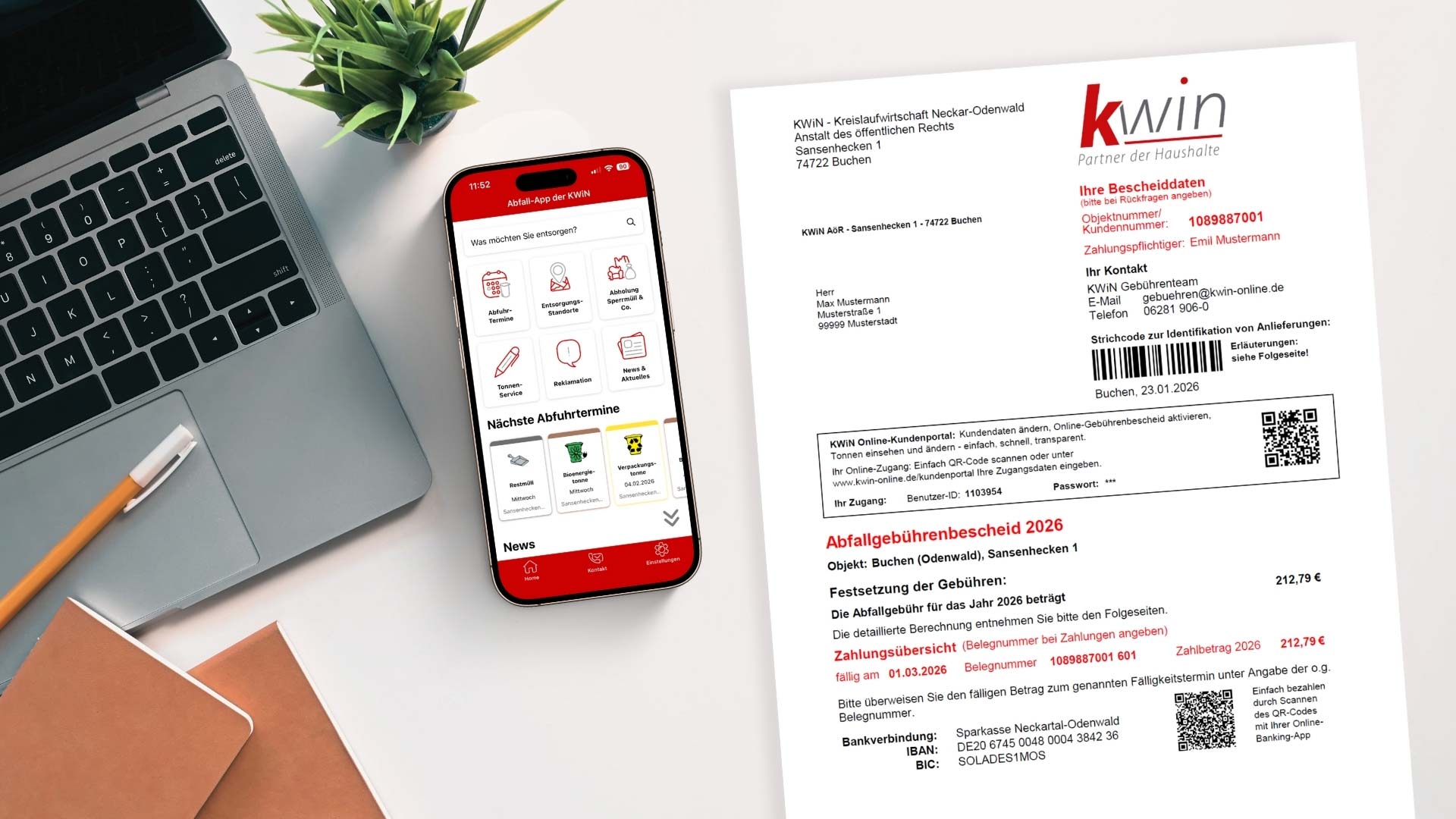 Der neue Abfallgebührenbescheid für alle Haushalte im Neckar-Odenwald-Kreis ist unterwegs – neben der überarbeiteten KWiN-App bekommt jeder Haushalt einen eigenen Zugang für das neue KWiN-Kundenportal